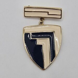 VTG Brooch 80s Gold Tone‎ Navy Blue Cream Enamel Trifari Signed Stmt Shield Pin